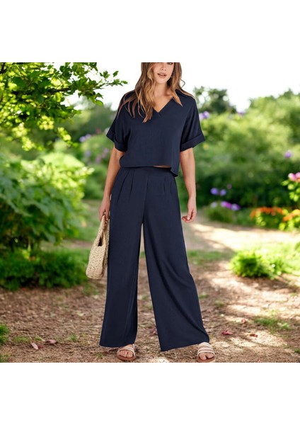 Yazlık V Yaka Rahat Keten Takım indirimleri