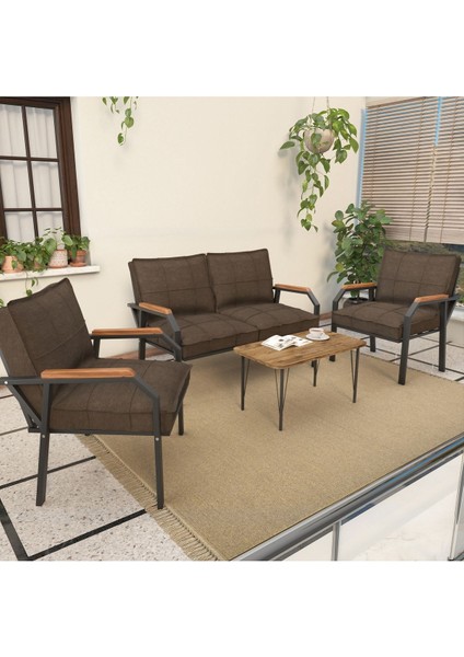 Hayal Serisi Balkon, Bahçe, Cafe - Metal Kanepe Koltuk Takımı - 2+1+1 Sehpalı - Kahverengi