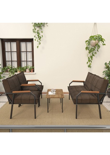Hayal Serisi Balkon, Bahçe, Cafe - Metal Kanepe Koltuk Takımı - 2+1+1 Sehpalı - Kahverengi