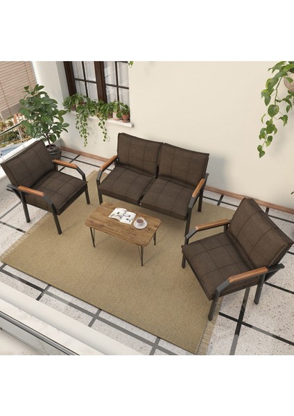 Hayal Serisi Balkon, Bahçe, Cafe - Metal Kanepe Koltuk Takımı - 2+1+1 Sehpalı - Kahverengi