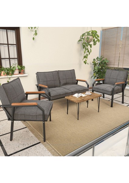 Hayal Serisi Balkon, Bahçe, Cafe - Metal Kanepe Koltuk Takımı - 2+1+1 Sehpalı - Koyu Gri