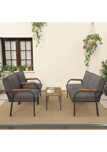 Hayal Serisi Balkon, Bahçe, Cafe - Metal Kanepe Koltuk Takımı - 2+1+1 Sehpalı - Koyu Gri