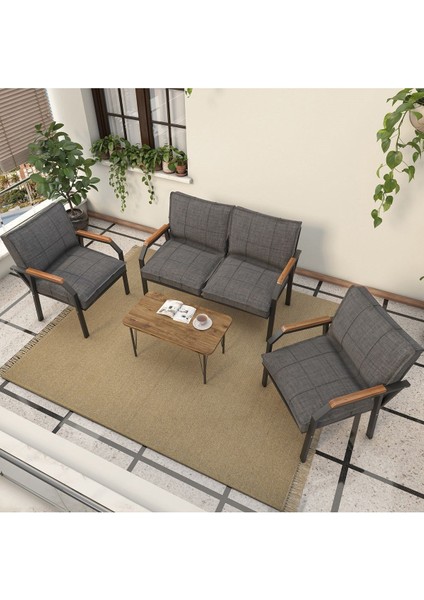 Hayal Serisi Balkon, Bahçe, Cafe - Metal Kanepe Koltuk Takımı - 2+1+1 Sehpalı - Koyu Gri