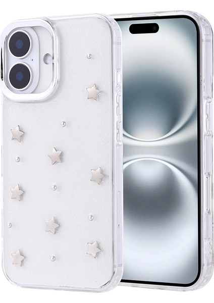 Apple Iphone 16 Pro Telefon Kılıfı Şeffaf Simli Tasarım Kapak Fiyonk, Kiraz, Yıldız, Lale Desenli