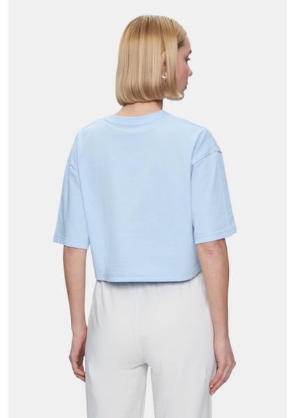 Helena Bej Bisiklet Yaka Oversize Crop Nakışlı Oversize Kadın Tshirt