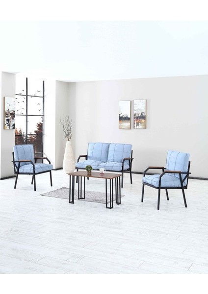 Hayal Serisi Balkon, Bahçe, Cafe - Metal Kanepe Koltuk Takımı - 2+1+1 Sehpalı - Turkuaz
