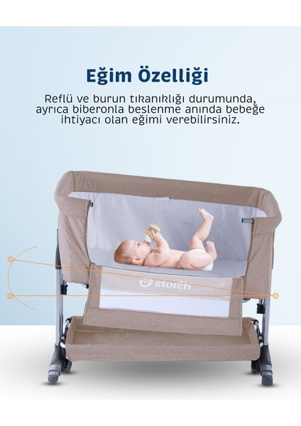 - Sallanabilir Anne Yanı Portatif Beşik - Yükseklik Ayarlı, Cibinlikli, ve Tekerlekli - Bej