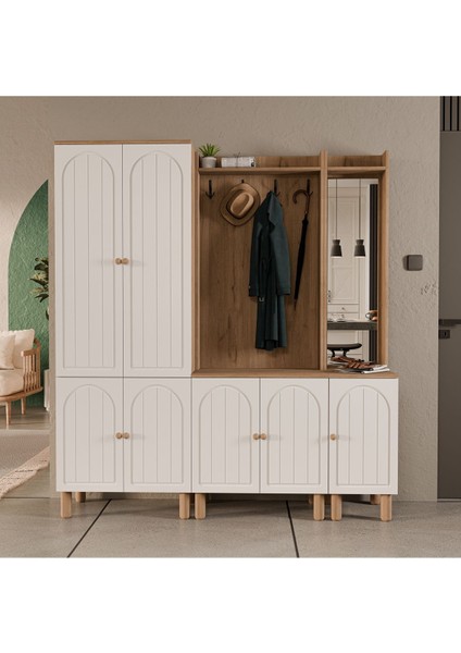 Set 5084-5072-5088 Rapsody Sağ Aynalı 7 Kapaklı (Membran) 9 Askılı Bohem Portmanto Sepet-Beyaz modelleri