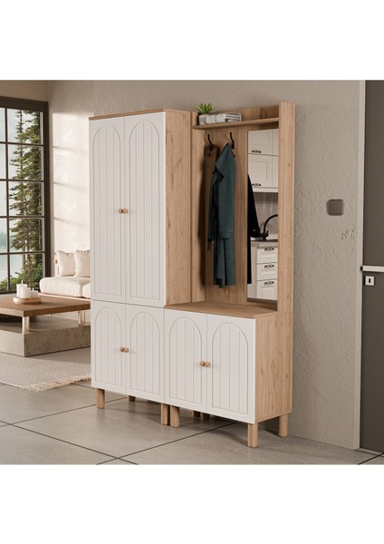 Set 5084-5076 Rapsody Sağ Aynalı 6 Kapaklı (Membran) 7 Askılı Bohem Portmanto Sepet-Beyaz