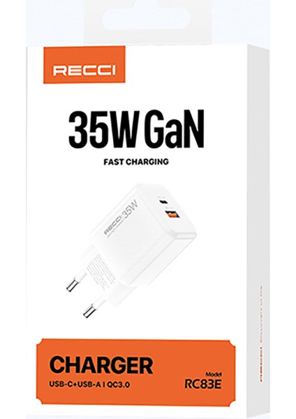 RC83E Type-C Pd & Usb-A Gan Teknolojili Qc3.0 Hızlı Şarj Başlığı 35W Beyaz