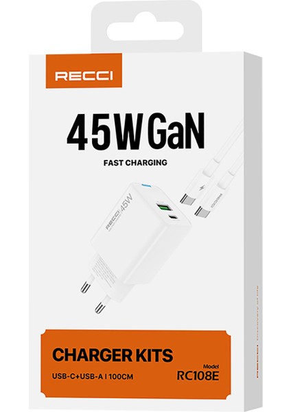 RC108E Gan Teknolojili Hızlı Şarj Başlığı Type-C To Type-C Pd 45W Kablolu Şarj Seti Beyaz