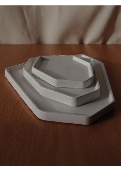 3'lü Geometrik Beton Tepsi Seti Sunumluk Dekoratif Tabak