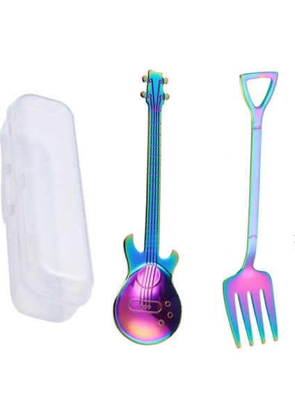 Gökkuşağı Renk Gitar Tasarımlı Paslanmaz Çelik Kaşık ve Paslanmaz Çelik Çatal + Saklama Kutusu