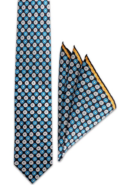 Turkuaz Desenli Ipek Kravat Takımı