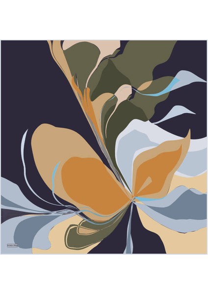 Lacivert Orkide Desen Twill Ipek Eşarp