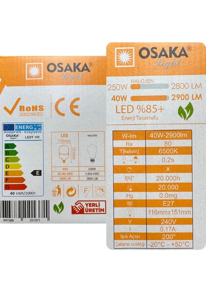 (6 adet) 40 W (250 W) Beyaz Işık E27 Duylu (Kalın Duy) LED Torch Ampul