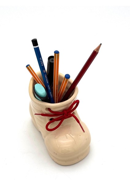 Seramik Ayakkabı Figürlü Kalemlik - Saksı - Dekoratif Obje (Bej)