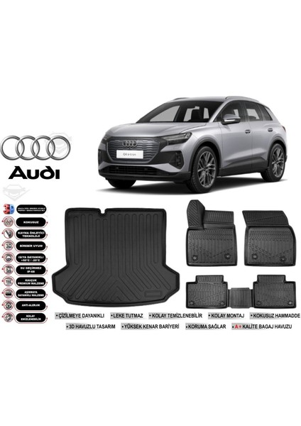 Q4 E-Tron 2021 Model Bagaj Havuzu Araca Özel Siyah Havuzlu Paspas Takımı Sett