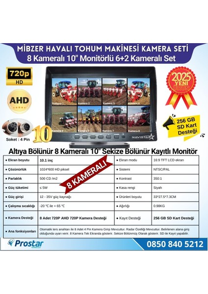 Mibzer Için 8 Kameralı 10 Inç Sekize Bölen Monitör 2 Büyük Kameralı Kayıtlı 256 GB Sd Kart Destekli fiyatları