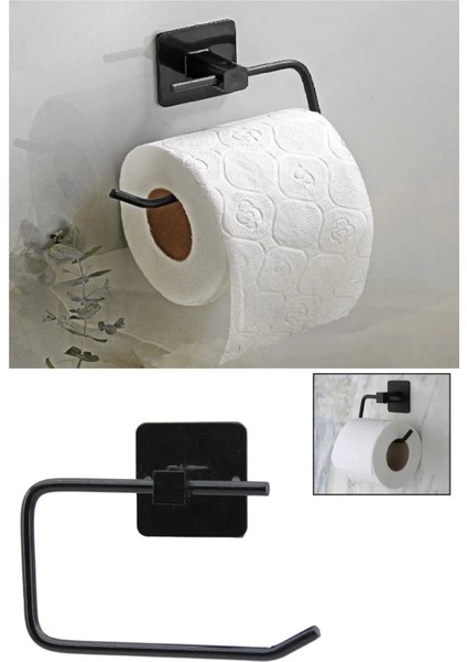 Yapışkanlı Dekoratif Siyah Metal Tuvalet Kağıt Askılığı- Wc Kağıtlık Tutucu - Wc, Banyo Aksesuarı.
