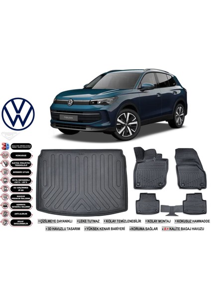Tiguan 2024 Model Alt Bagaj Havuzu Araca Özel Siyah Havuzlu Paspas Takımı Sett