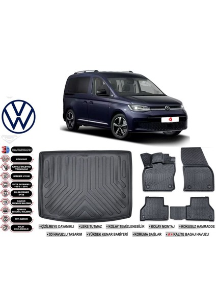 Caddy 2024 Model Bagaj Havuzu Araca Özel Siyah Havuzlu Paspas Takımı Sett
