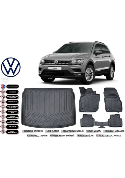 Tiguan 2022 Model Alt Bagaj Havuzu Araca Özel Siyah Havuzlu Paspas Takımı Sett