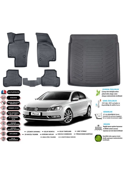 Passat B7 2014 Model Esnek Bagaj Havuzu Araca Özel Siyah Paspas Takımı