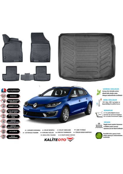 Megane 3 Sporttourer 2011 Model Esnek Bagaj Havuzu Araca Özel Siyah Paspas Takımı