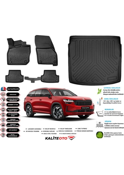 Kodiaq 2025 Model Esnek Bagaj Havuzu Araca Özel Siyah Paspas Seti