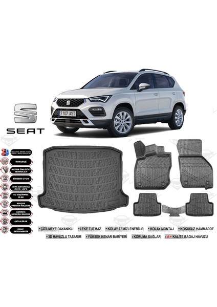 Ateca 4x2 2019 Model Bagaj Havuzu Araca Özel Siyah Havuzlu Paspas Takımı Sett