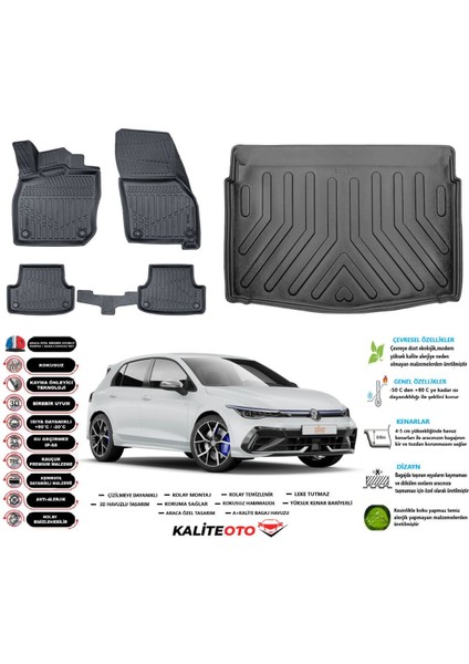 Golf 8 Otomatik 2024 Model Alt Esnek Bagaj Havuzu Araca Özel Siyah Paspas Seti