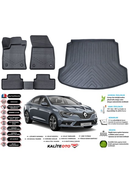 Megane 4 2021 Model Çift Kulak Esnek Bagaj Havuzu Araca Özel Siyah Paspas Takımı