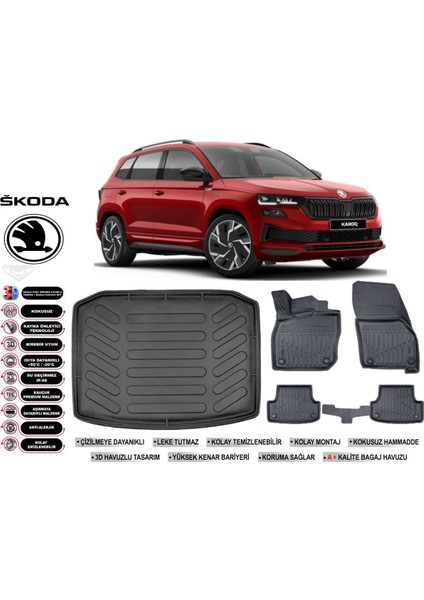 Karoq 2022 Model Bagaj Havuzu Araca Özel Siyah Havuzlu Paspas Takımı Sett