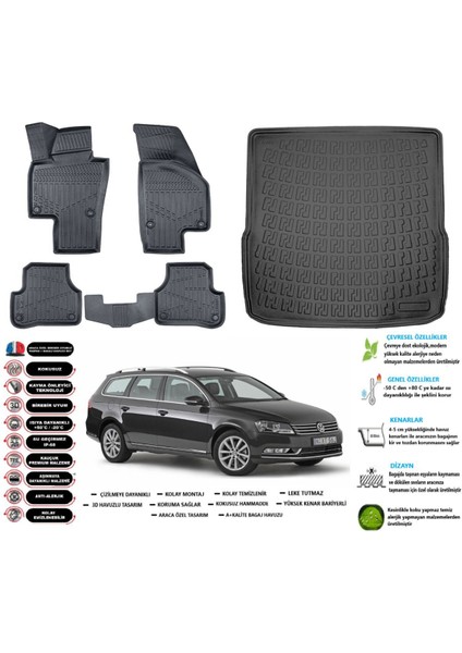 Passat B7 Variant 2014 Model Esnek Bagaj Havuzu Araca Özel Siyah Paspas Takımı