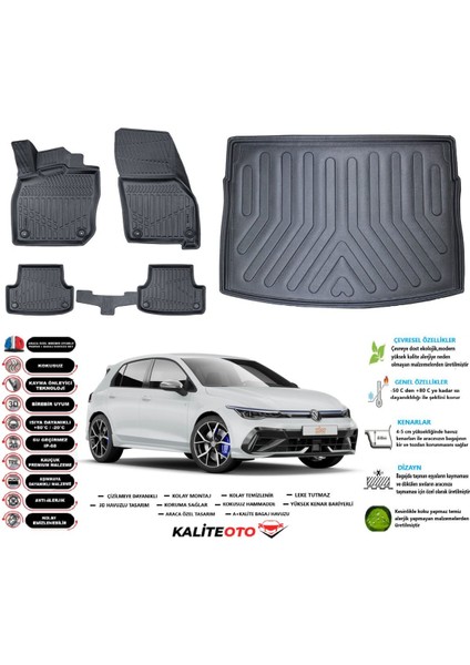 Golf 8 Otomatik 2024 Model Üst Esnek Bagaj Havuzu Araca Özel Siyah Paspas Takımı