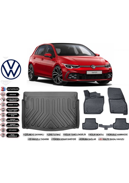 Golf 8 Manuel 2022 Model Alt Bagaj Havuzu Araca Özel Siyah Havuzlu Paspas Takımı Sett