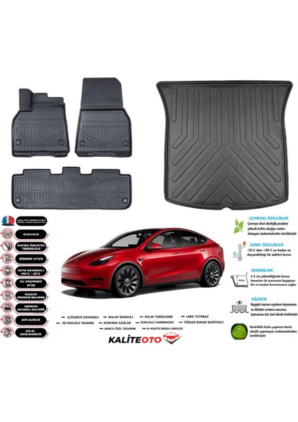 Model Y 2019 Model Esnek Bagaj Havuzu Araca Özel Siyah Paspas Takımı