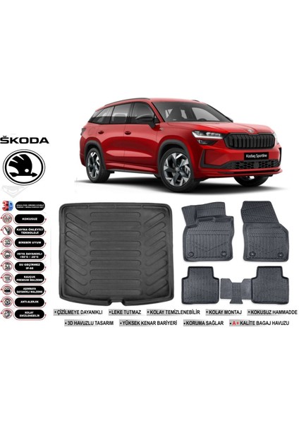 Kodiaq 2024 Model Bagaj Havuzu Araca Özel Siyah Havuzlu Paspas Takımı Sett