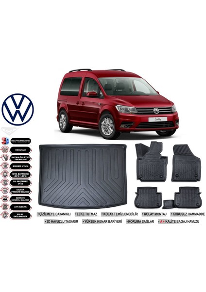 Caddy 2019 Model Bagaj Havuzu Araca Özel Siyah Havuzlu Paspas Takımı Sett