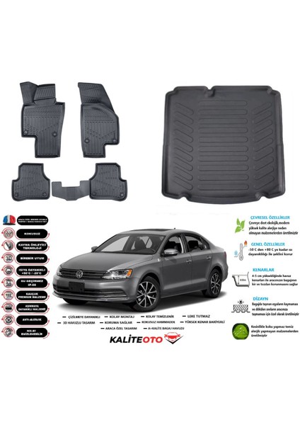 Jetta 2015 Model Cepsiz Esnek Bagaj Havuzu Araca Özel Siyah Paspas Takımı