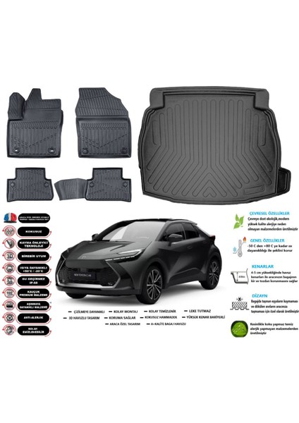 C-Hr 2024 Model Ses Sistemli Esnek Bagaj Havuzu Araca Özel Siyah Paspas Takımı