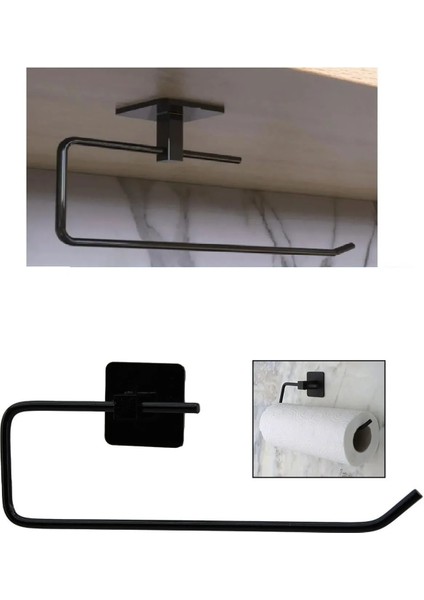 Yapışkanlı Dekoratif Siyah Metal Havlu Askılığı Banyo Mutfak Kağıt Havlu Askılığı Çok Amaçlı Askılık