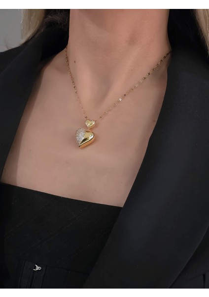 Bombeli Kalp Zirkon Taşlı Gold Renk Kolye fiyatları