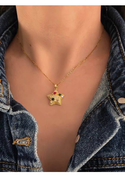Yıldız Model Renkli Zirkon Taşlı Gold Renk Kolye