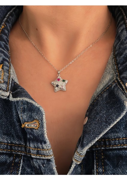 Yıldız Model Renkli Zirkon Taşlı Silver Renk Kolye
