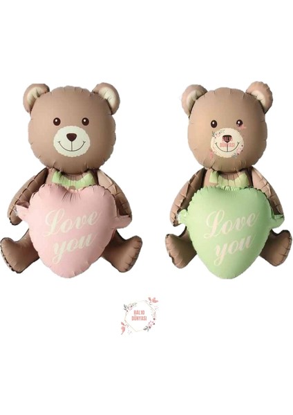 2'li Love You Yazılı Retro Yeşil ve Pembe Kalpli Oturan Ayı Folyo Balon