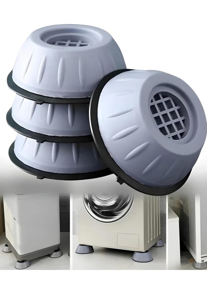 Gürültü Engelleyici ve Kaymaz Titreşim Önleyici Kauçuk Ayak Pedleri Çamaşır Makinesi Stoper 4'lü Set, Gri