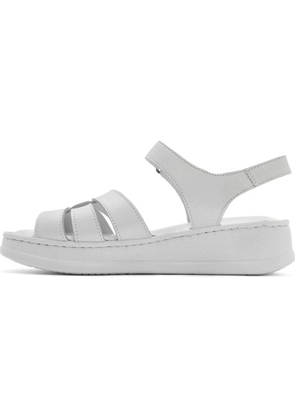 Kadın Beyaz Bantlı Kalın Tabanlı Deri Comfort Sandalet 25SFD321418