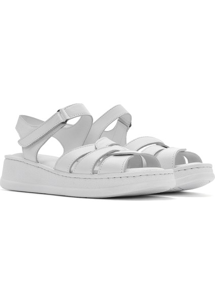 Kadın Beyaz Bantlı Kalın Tabanlı Deri Comfort Sandalet 25SFD321418